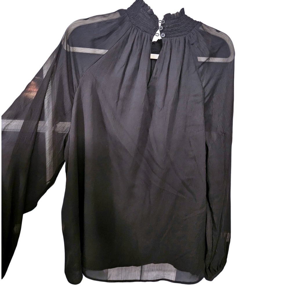 Joie Smocked Ruffle Neck Top XL Academia Black Sheer Flowy Sleeves  #224‎